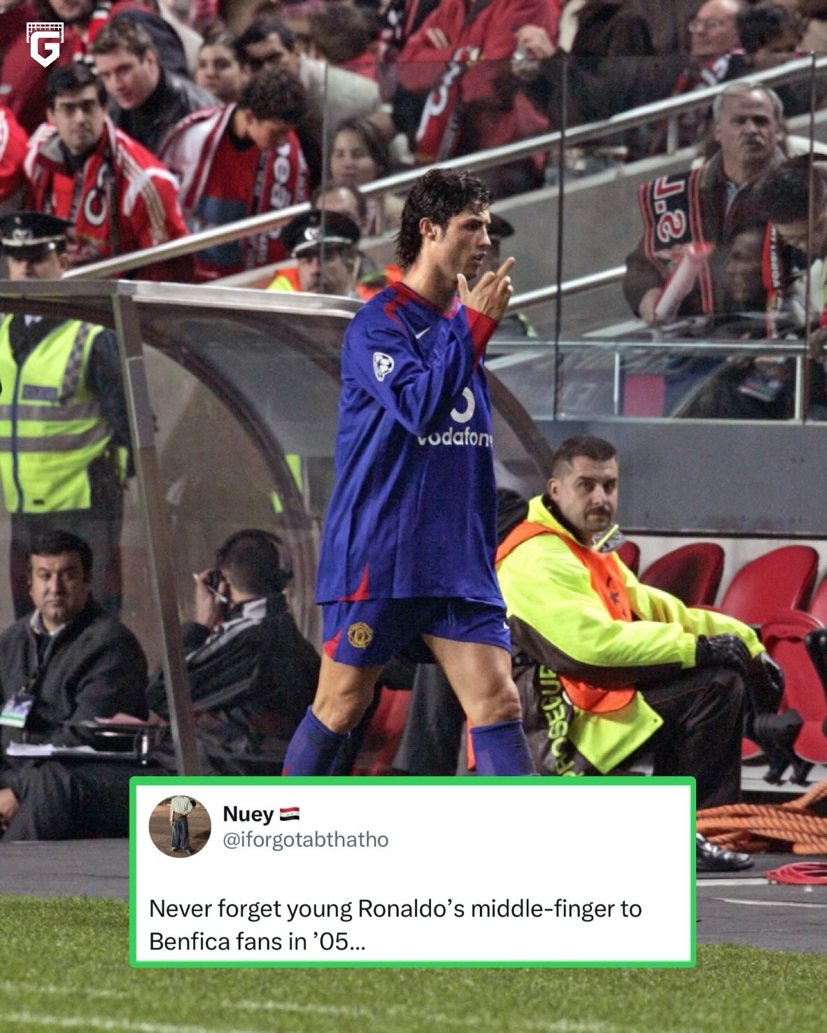 During Man United’s 2-1 loss to Benfica in the 2005 Champions League, Ronaldo gave the middle finger to jeering fans after being subbed… 🤬

UEFA banned him for one match and fined him 😅