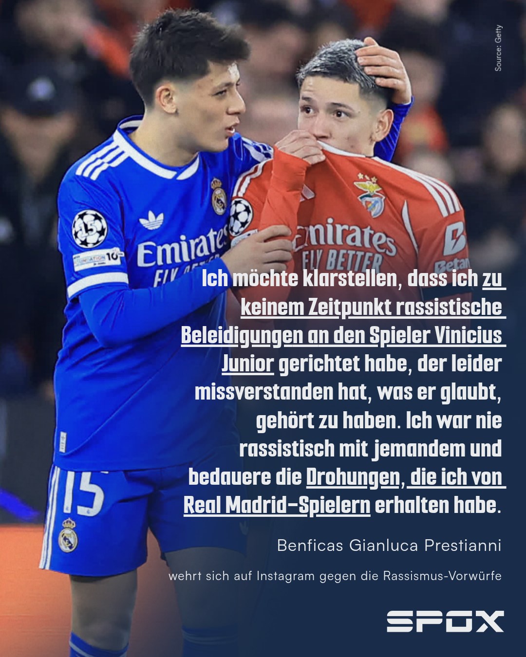Gianluca Prestianni hat sich in einer Instagram-Story gegen die Vorwürfe, er habe Vinicius Junior beim Spiel zwischen Benfica Lissabon und Real Madrid am Mittwoch rassistisch beleidigt, entschieden zur Wehr gesetzt. Von den Real-Akteuren hagelt es scharfe Kritik💥 #vinicius #championsleague #benfica #realmadrid