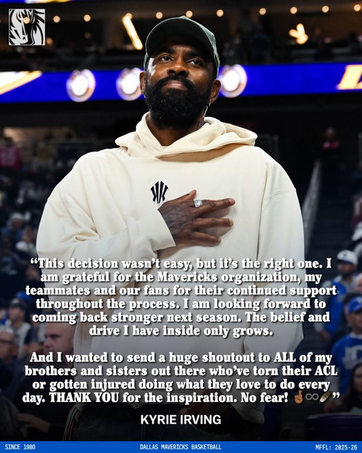 This morning we announced that Kyrie Irving will not return to play during the 2025-26 NBA season as he continues his recovery from ACL reconstruction surgery performed in 2025. Can’t wait until you’re back on the court, Kai 🫶

#MFFL