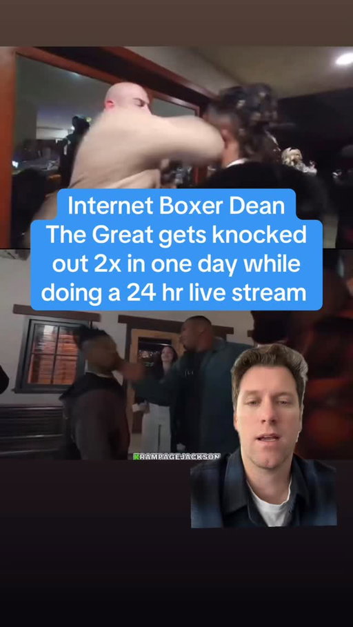 ternet Boxer Dean The Great gets knocked out 2x in one day while doing a 24 hr live stream. You thought you were having a bad day at work? At least you didn’t get pimp slapped and then elbowed in the face by an MMA fighter for being a drunk asshole in front of the whole internet