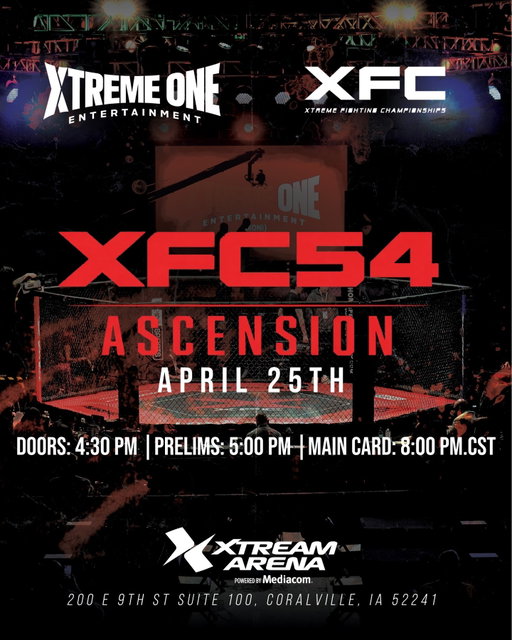 @XFCfight returns to the #HawkeyeState at #XFC54! 💥

#XFC54: Ascension takes place Saturday, April 25th at @XtreamArena in #Coralville, #Iowa.

🎫: Tickets are available on the link in our bio.

🎥: Watch it LIVE on @beINSportsUSA and @PPV_com at 9 p.m. ET / 6 p.m. PT.

#XFC54 #Ascension #LiveMMA #IowaMMA #Coralville #MMA #XFCFight
