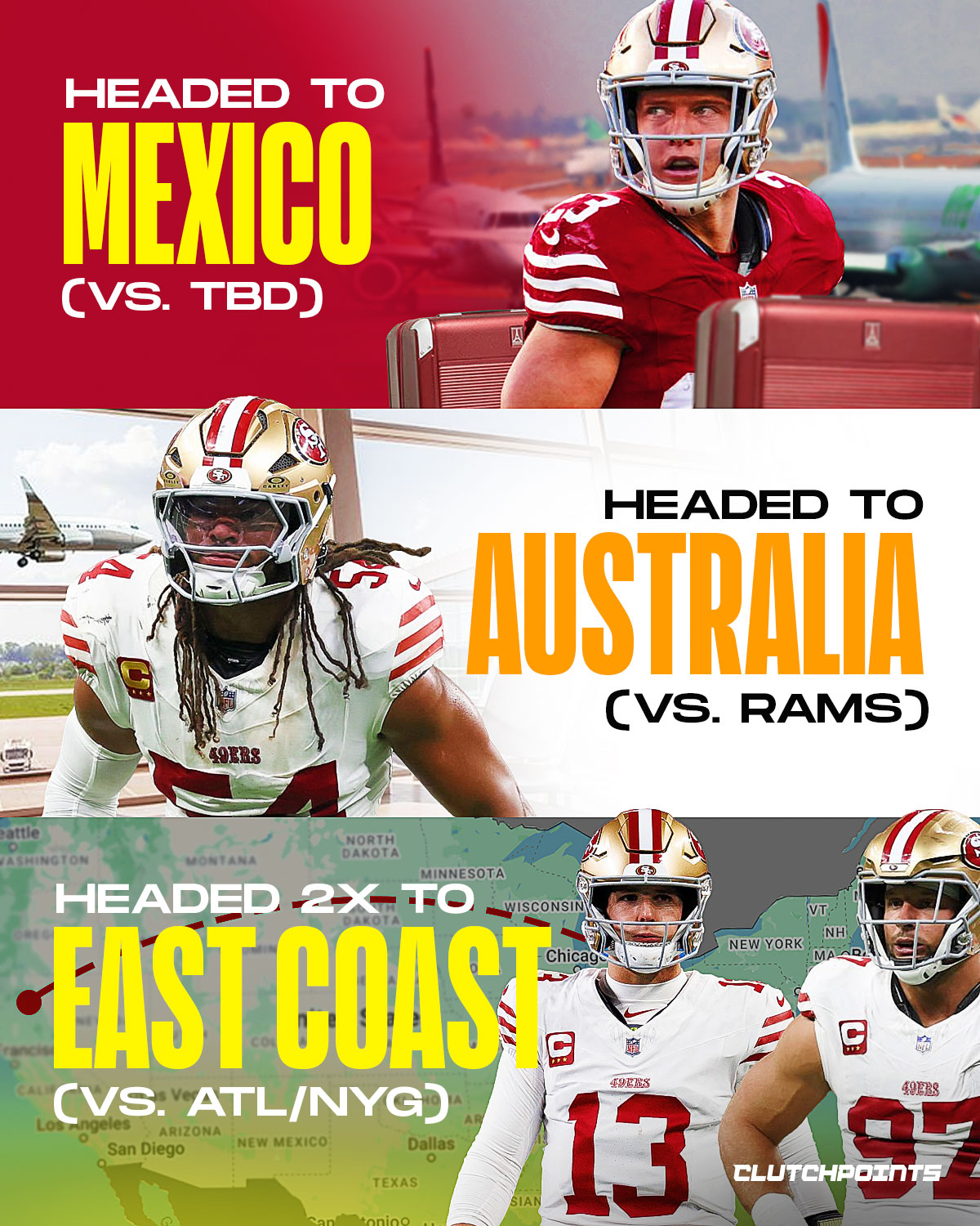 San Francisco’s 2026 season is shaping up to be defined by miles as much as matchups.

The league officially announced that the 49ers will serve as the home team for the 2026 NFL game in Mexico City, adding another international destination to an already demanding calendar. The opponent and full game details will be revealed when the complete 2026 schedule is released this spring.

That announcement builds on what was previously confirmed earlier this offseason, as San Francisco is set to face the Los Angeles Rams in Melbourne, Australia, in the first NFL regular season game ever played in the city. The Rams will be designated as the home team, with the 49ers traveling overseas for a divisional showdown on a historic stage.

And the travel does not stop there.

The 49ers are also scheduled for two separate road trips to the East Coast to face the Atlanta Falcons and the New York Giants, adding significant cross country movement within the United States.

Between Mexico City, Melbourne, and multiple coast to coast flights, San Francisco could be among the most traveled teams in a single season next year. The 2026 campaign may test not only execution on the field, but endurance across time zones and continents.

🌎✈️🏈