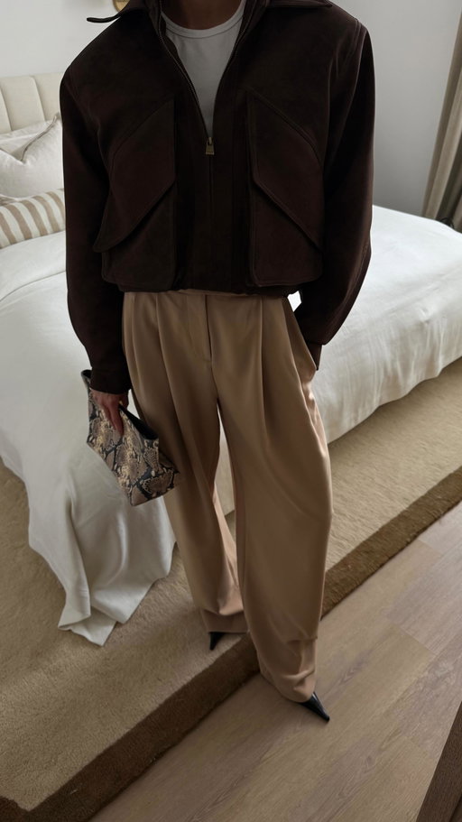 here’s your sign to buy a suede bomber this season