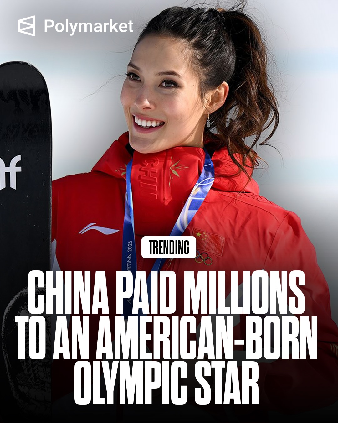 Beijing planned to pay Eileen Gu millions of dollars to compete under its flag, on top of the tens of millions she already earns from Western sponsors. 

Gu switched from the U.S. to China in 2019, a move that would require Chinese citizenship since dual nationality is banned. She has never said whether she gave up her U.S. passport, instead saying, “When I’m in the U.S., I’m American. When I’m in China, I’m Chinese.”

Traders predict less than a 1% chance Gu will win the most medals at the 2026 Winter Olympics.