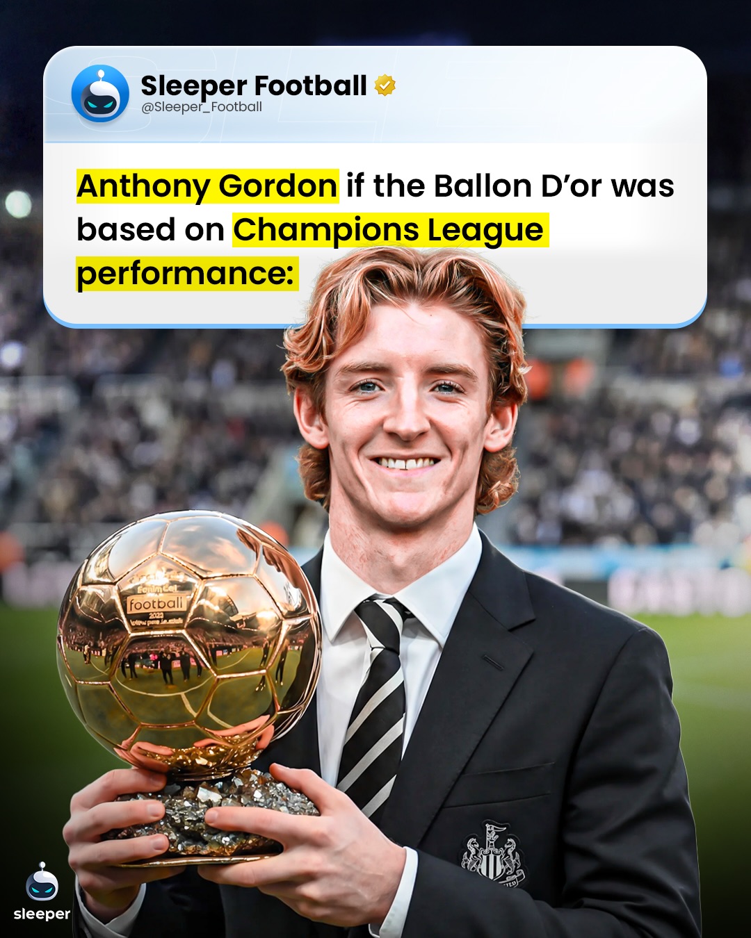 4 goals in 1 half. Give this man the Ballon D’or right now. 🏴󠁧󠁢󠁥󠁮󠁧󠁿🐐

Anthony Gordon might genuinely be England’s very own ‘Mr. Champions League’… he’s been on fire for Newcastle and has now surpassed Harry Kane in goals scored this campaign with 10 in 9 games!

Not to mention, he’s also beaten Alan Shearer’s best ever scoring year in the competition… when’s his statue being built at St. James? 👀