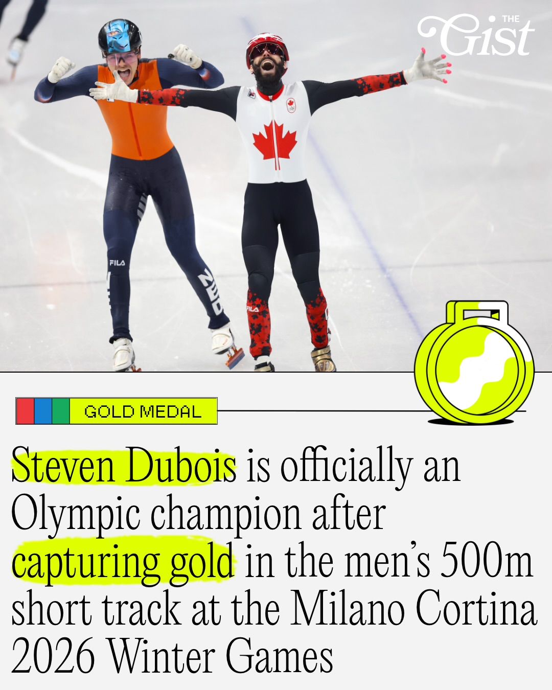 STEVEN DUBOIS WINS OLYMPIC GOLD IN THE MEN’S 500M! 🥇⁣
⁣
Steven Dubois is officially an Olympic champion after capturing gold in the men’s 500m short track at the Milano Cortina 2026 Winter Games. 👏⁣
⁣
The win came just 30 minutes after Canada secured bronze in the women’s 3000m relay, keeping the momentum rolling for Team Canada. 🇨🇦⁣
⁣
It marks Canada’s first men’s individual short track medal of these Games, and the country’s fourth gold overall. 💪⁣
⁣
Dubois now adds gold to the bronze he earned in the 500m at Beijing 2022, plus a silver from the mixed 2000m relay earlier in Milano Cortina. 🤩⁣
⁣
For context? Canada had already won seven Olympic medals in the men’s 500m since Salt Lake City 2002, and Dubois just added another golden chapter. 🥇⁣
⁣
Fellow Canadian William Dandjinou was disqualified in the final, while Maxime Laoun finished fourth in semifinal B.⁣
⁣
Canada speed skating supremacy continues. 🔥⁣
⁣
#teamcanada #speedskating #milanocortina2026 #menssports⁣ #olympics