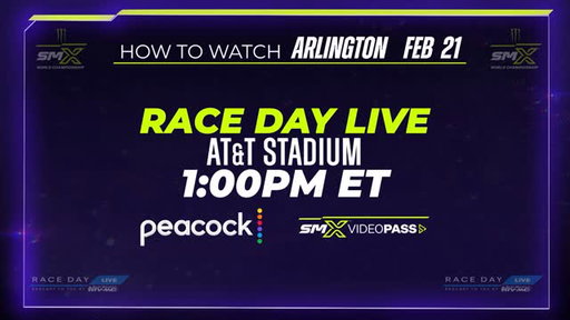 Tune in to Race Day Live with Justin Brayton and Adam Cianciarulo as we gear up for the Military Appreciation Race in Arlington.⁣
⁣
📍AT&T Stadium⁣
⌚1:00 PM ET⁣
📺 Peacock & SMX VideoPass⁣
⁣
#SMX #SupercrossLIVE #RaceDayLive #Arlington