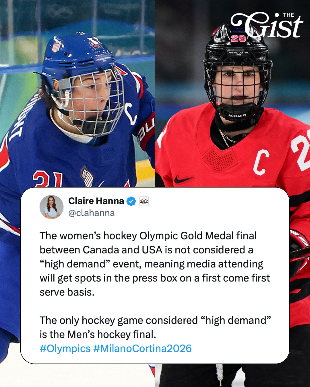 This is ridiculous... 🙄⁣
⁣
The Women’s Hockey Gold medal game between USA and Canada not deemed “high demand” by Olympics organizers. 👀 ⁣
⁣
The showdown everyone’s waiting for? Apparently not “high demand.” 🧐⁣
⁣
When 🇺🇸 and 🇨🇦 face off in the women’s hockey gold medal game at the Milano Cortina 2026 Winter Olympics, it’s expected to be one of the most-anticipated matchups of the entire Games. 💪⁣
⁣
But organizers have classified the championship as not “high demand”, meaning media seating will be first-come, first-served rather than priority-assigned. 🤦‍♀️⁣
⁣
For context: the only hockey event deemed “high demand” is the men’s gold medal game. 🏒⁣
⁣
That designation simply impacts press logistics, not broadcast coverage. Domestic networks will still throw full resources behind puck drop at 1:10 p.m. ET (7:10 p.m. local time in Milan). 📺⁣
⁣
Still… it’s a choice. ⁣
⁣
Because when USA and Canada meet for Olympic gold, most fans would call that exactly what it is: must-watch. 🥇🔥⁣
⁣
#olympics #hockey #milanocortina2026 #womenssports⁣ #womeninsports