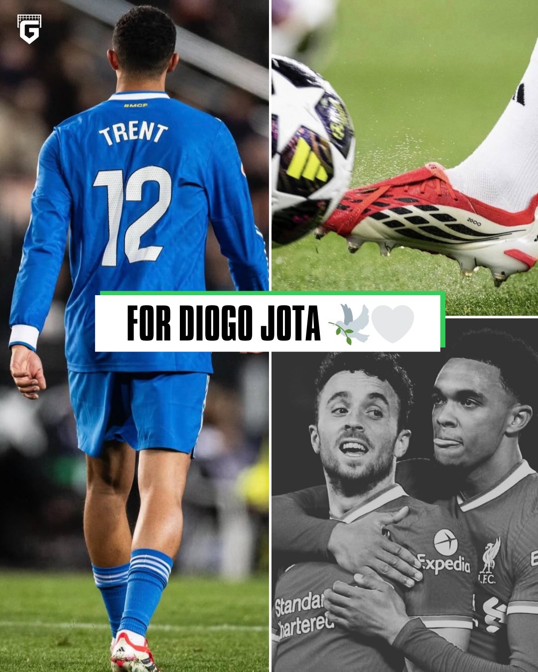Trent Alexander-Arnold wore a special pair of boots dedicated to Diogo Jotoa in the Champions League against Benfica 🕊

On his stronger right foot it had a ‘20’ and an infinity sign - a tribute to his late teammate and friend Diogo Jota 🤍♾