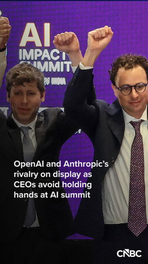 OpenAI’s Sam Altman and Anthropic’s Dario Amodei had an awkward moment on Thursday as they chose not to hold hands during a group photo of political and tech leaders.

They were on stage at the India AI Impact Summit, alongside Indian Prime Minister Narendra Modi, Google and Alphabet CEO Sundar Pichai, among others. It comes as competition intensifies between ChatGPT maker OpenAI and Claude maker Anthropic, with both vying for their models to become the default choice for consumers globally.

Read more about OpenAI and Anthropic's rivalry, at the link in bio.