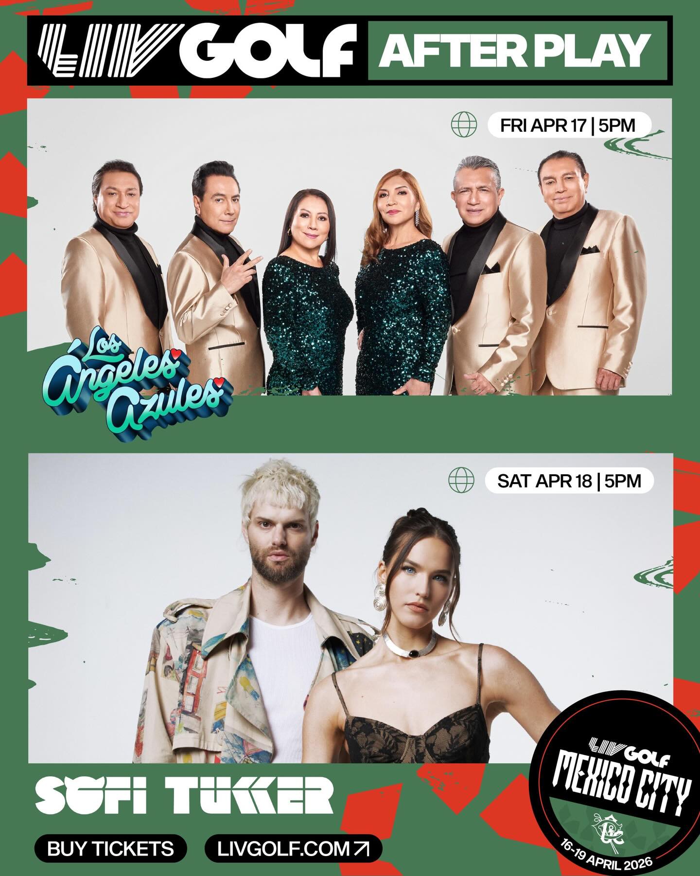 The 2026 LIV Golf Mexico City lineup is SET 🔒🔥

🎵 @angelesazulesmx and @sofitukker join the stage for After Play at Club de Golf Chapultepec 

📲 Get your tickets now at LIVGolf.com

#LIVGolfMexicoCity