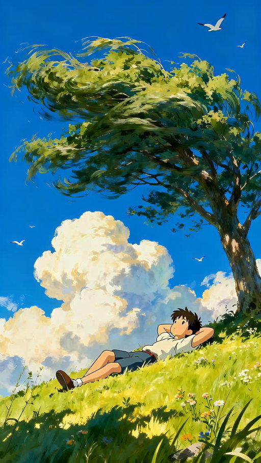 A slow afternoon under drifting clouds 🌿☁️
Sometimes doing nothing is the most beautiful thing.

Created using @reve_image 

#ghibliaesthetic #summervibes #aivideo #digitalart #peacefulmoments