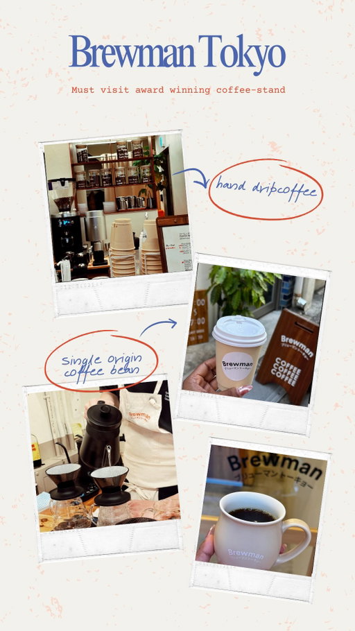 You found the most peaceful coffee spot in Ginza 

If you’re in Ginza, don’t miss @brewman_tokyo – an award-winning coffee stand serving premium hand-drip single origin beans. Watching the barista freshly grind the beans and slowly pour the perfect hand drip was honestly so calming… pure coffee therapy 

The Colombian Midnight Bloom single origin? Absolutely stunning. Smooth, rich, slightly floral with that deep chocolatey finish – and the aroma was just divine. Their café latte was just as impressive, creamy and beautifully balanced.

Great quality beans, peaceful vibes, and serious coffee craftsmanship. 

Definitely a must-visit when in Ginza!
Save this for your next Tokyo trip 🇯🇵and tag your coffee buddy 👇

🏷️