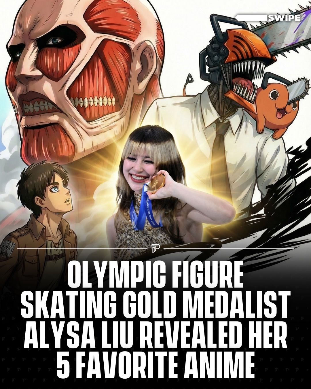 Olympic gold medalist Alysa Liu is fresh off making history at the 2026 Winter Olympics, becoming the first Team USA woman to win gold in figure skating since 2002.

Now she’s sharing a different kind of podium list, revealing her top 5 favorite anime: “Attack on Titan,” “Chainsaw Man,” “Puella Magi Madoka Magica,” “Soul Eater,” and “Jujutsu Kaisen.”
via @overtimewbb

#Pubity #Viral #Sports