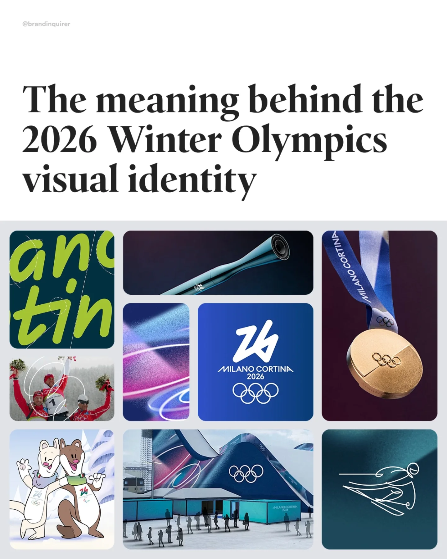 Does it capture the spirit of the Olympics?

Led by @raffaella_panie, the Milano Cortina 2026 visual system is centered around the new “Italian Spirit”: human movement and gestures.

The single-stroke logo by @landorofficial, inspired by a finger drawing on a foggy window, was selected through a public vote, a first for the Winter Olympics.

This emphasis on motion continues in the pictograms and medals: flowing lines convey the rhythm of each sport, while the medals unite two contrasting halves in perpetual movement.

Alpine-native stoats Tina and Milo represent the Olympic and Paralympic Games.

Designed by Carlo Ratti and titled Essential, the torches glow in sky blue and mountain bronze. Made from recycled materials with a visible burner, they’re powered by bio-LPG from renewable sources like used cooking oil.

#branding #visualidentity #graphicdesign #winterolympics #milanocortina2026 #logodesign #olympictorch #olympicmedal #olympics #typography #olympicmascot