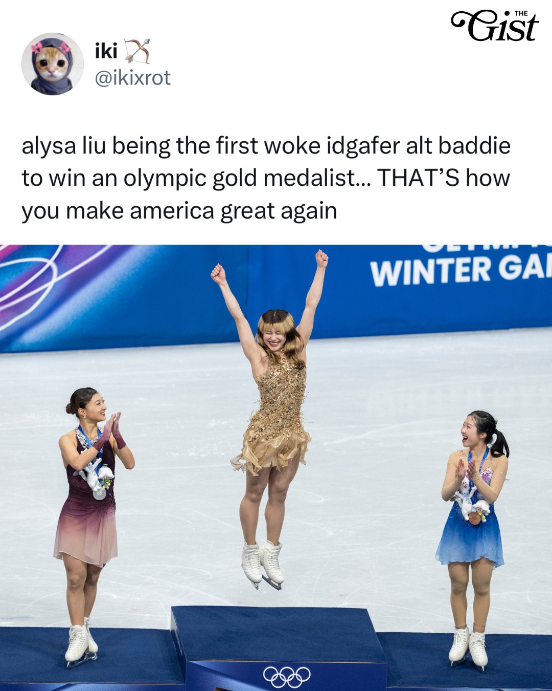 Forever obsessed with her. ⛸️⁣
⁣
American figure skater Alysa Liu brought joy, presence, and precision to the ice yesterday, beating out Japan’s veteran Kaori Sakamoto and teen breakout star Ami Nakai to win gold. 🥇⁣
⁣
Not bad for a gal who retired from the sport in 2022. 🙂‍↕️⁣
⁣
#womenssports #figureskating #alysialiu #teamusa #milanocortina2026