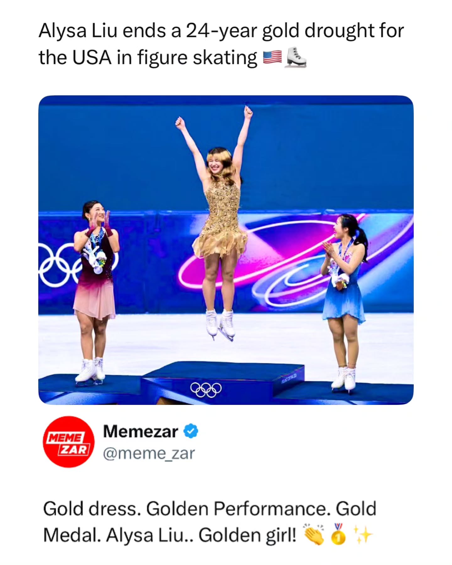 If an Olympic Gold medal were a picture,
it would be her on the podium 🥇✨

Immense, unstoppable Alysa Liu! 🇺🇸

The 20-year-old from Richmond, California, delivered a flawless free skate to Donna Summer's 'MacArthur Park' at the Milano Cortina 2026 Winter Games, landing triple axels and holding off Japan's Kaori Sakamoto for silver and teammate Ami Nakai for bronze. Born to parents from China and raised by her father, an immigration lawyer who fled Beijing after Tiananmen Square, Liu overcame a Chinese spying scare before the 2022 Olympics with FBI protection. Her victory ends a 24-year U.S. drought since Sarah Hughes in 2002, as she focused on a joyful mindset amid online debates about her inspiring story.

Like this content? Follow us for more @Memezar ❤️
