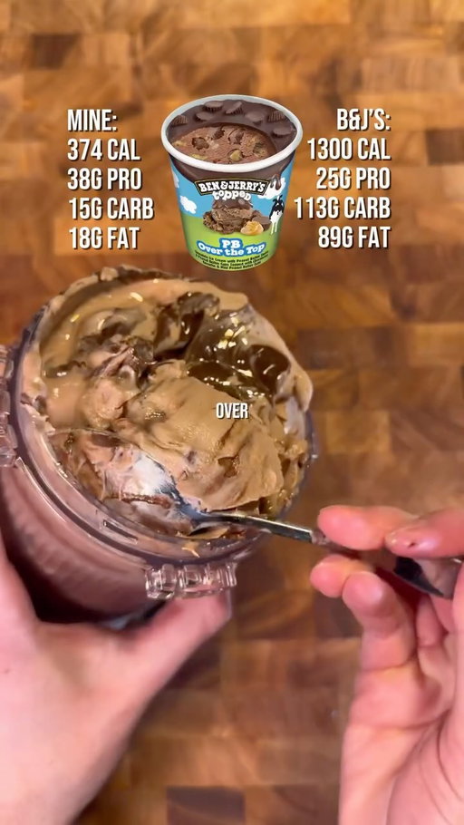 ⬇️FULL RECIPE⬇️
374 calories 38g protein (for the entire pint, toppings/mix-ins included)

PB Over the Top Protein Ice Cream 😋🍦

Full recipe book (180+ flavors) in bio!

- 1 Chocolate Protein Shake (350-400ml) 
- 20-25g Monk Fruit sweetener
- 10g cocoa powder
- A pinch of salt
- 1g (¼ tsp) xanthan gum
Mix-ins/toppings:
- 15g peanut butter chips + 2g coconut oil + a pinch of salt
• Right before the Mix-In cycle, combine the peanut butter chips, coconut oil, and salt, and melt in the microwave (30 sec intervals, stirring in between). Then, hollow out a hole in the center of the base, and pour in. After spinning on the Mix-In setting, it’ll turn into a beautiful peanut butter swirl!
- 1 Peanut Butter Cup, chopped (~15g or 80 calories worth)
- 30g (2 tbsp) low calorie chocolate ganache
• Mix 10g of cocoa powder with sugar free maple syrup until it reaches a ganache consistency (the amount will depend on the brand of your syrup - I’d recommend starting with ~20g)
374 cal 15g C, 18g F, 38g P

Instructions:
1. Blend all ingredients for the base and freeze (at least 16 hours)
2. Prep your chocolate ganache (ingredients above)
3. Run your pint under hot water for at least 60 seconds
4. Spin on “Lite Ice Cream” setting
5. Spin on “Respin” setting if very powdery
6. Make a hole down to the bottom with a butter knife and fill with chopped up the melted peanut butter chips
7. Run the “Mix-in” cycle
8. Top with the chocolate ganache and Peanut Butter Cup pieces

Follow for more Ninja Creami tips, tricks, and recipes!
•
•
•
•
#ninjacreami #proteinicecream #benandjerrys #fpf #chocolatepeanutbutter