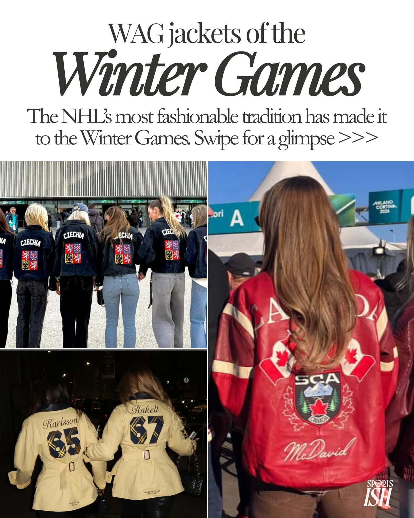 Milan Cortina 2026 Winter Games, but with a serious style upgrade.

Swipe through to see *some* of the WAG jackets we spotted in Italy.  Tune in on Sunday for the gold men’s hockey gold medal match as Team USA and Team Canada go head-to- head at 8:10 AM ET. 
📷: Amanda Markstrom IG
📷: Emmeli Rakell IG
📷: Katelyn Pettersson IG
📷: Taylor Turnquist IG
📷: moakuurne IG
📷: Lauren Kyle IG
📷: Rachel Dunford IG
📷: Sadie Granger IG
📷: Emilia Armia IG
📷: Romana Stranska IG
📷: Benakova Dominka IG
📷: Rachel Thompson IG