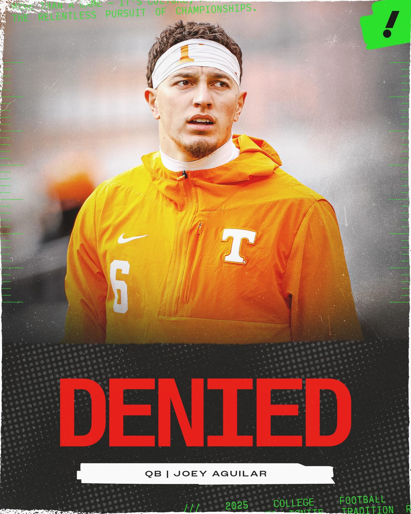 Tennessee QB Joey Aguilar had his injunction for another year of eligibility denied by a judge, per Pete Thamel.

Aguilar will turn pro and attend the NFL Combine next week.