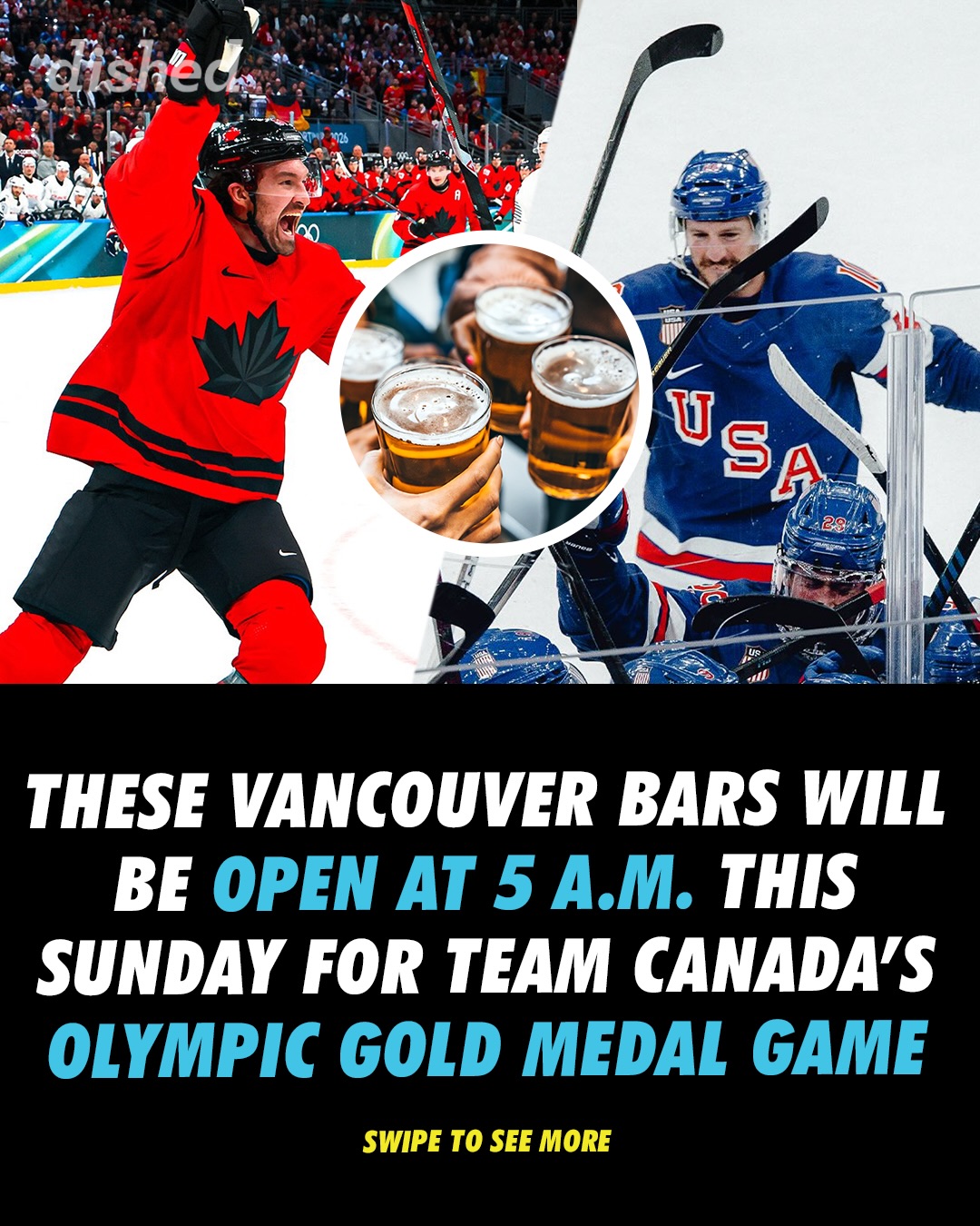 Are you waking up or staying up? 👀

Team Canada is in the ULTIMATE SHOWDOWN as it’s playing against Team USA in the Olympic men’s hockey gold medal match this Sunday, and it’ll be quite early with the puck dropping at 5:10 a.m. 🏒

While it is quite early in the morning, plenty of bars around Vancouver will be serving so you can grab a breakfast and beer while cheering on Team Canada 🇨🇦
