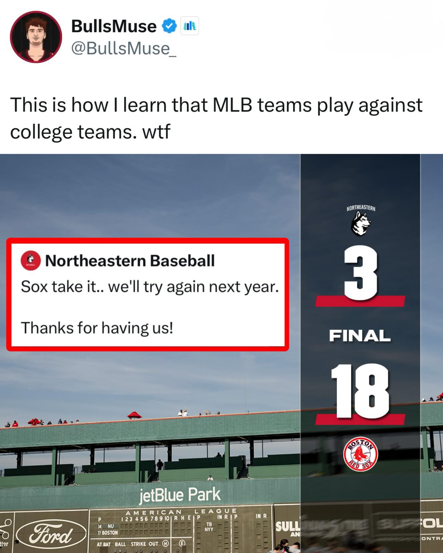 Gotta respect Northeastern for putting up a fight against the Red Sox 😅🙌

(Via: BullsMuse_/X, NUDogOut/X, raqqyx/X)
