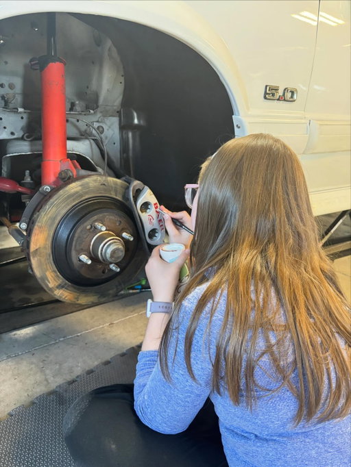 The boss had to help out on these.  Repainting the @baer_brakes logo. 

#baerbrakes #foxbody #daddyslittlegirl❤️