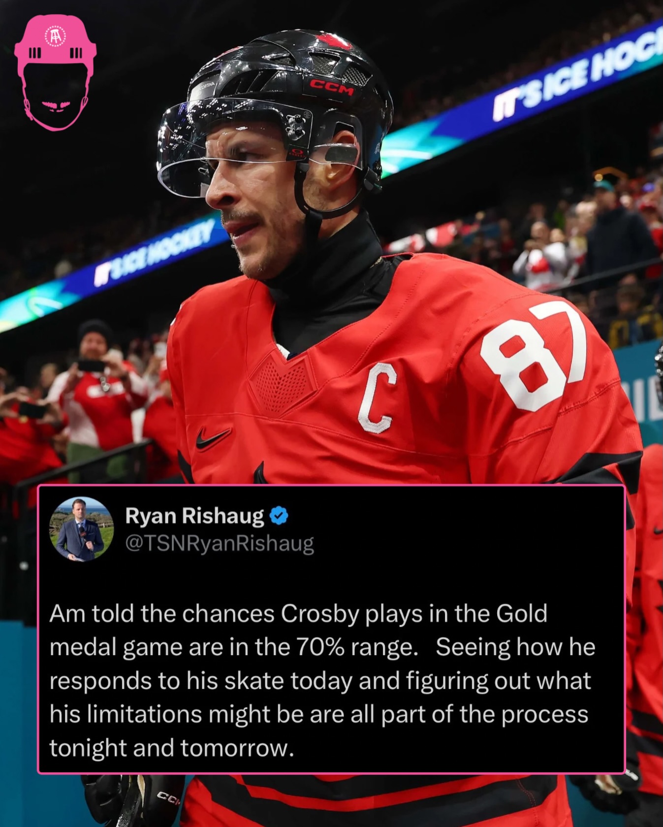The chances of Sidney Crosby playing in the Gold medal game are in the 70% range 🇨🇦