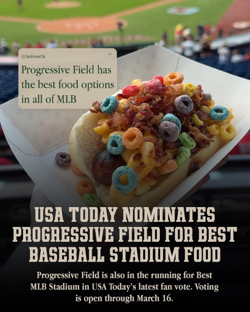 Progressive Field is up for two national honors 🏟️

Best Baseball Stadium Food and Best MLB Stadium via USA Today.

Swipe to see some notable food options from the ballpark (images via 2024) 👀🍟

You can vote now through March 16.

📸 @gabbgoudy