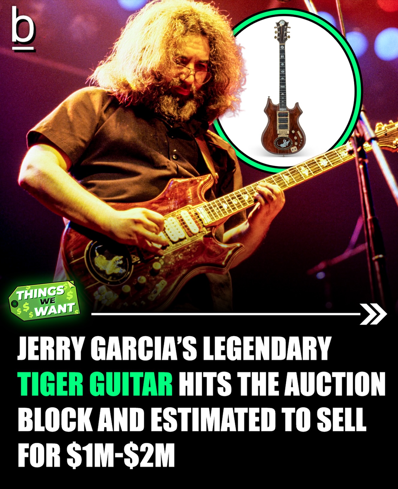 Jerry Garcia’s iconic custom-built electric guitar, known universally as “Tiger,” is currently up for auction at Christie’s via The Jim Irsay Collection. Registration and bidding start on Thursday, March 12. 🎸

Crafted by San Francisco luthier Doug Irwin in 1979, Tiger took over 2,000 hours to build. It’s an absolute work of art, featuring a “hippie sandwich” construction of laminated cocobolo, maple, and padauk with brass binding, and of course, the signature mother-of-pearl tiger inlay under the bridge. 🔥

Jerry played this guitar almost exclusively from 1979 to 1989, and poignantly, it was the very last guitar he played publicly with the Grateful Dead at Soldier Field in Chicago on July 9, 1995.

It’s expected to fetch between $1,000,000 and $2,000,000. 💰

While that might be slightly out of the weekly budget for most of us, it is incredible just to look at and appreciate the sheer history of the instrument.

#gratefuldead #music