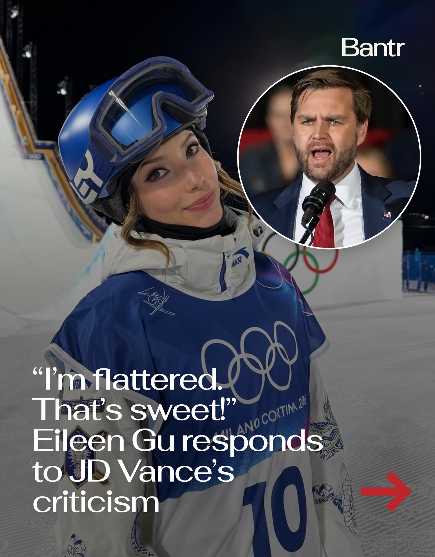 Eileen Gu had time today.

After Vice President JD Vance criticized her for representing China at the Winter Olympics and said he’s only rooting for “American athletes,” Gu responded with: “I’m flattered. Thanks, JD! That’s sweet.”

Online, some U.S. fans have gone further, calling the San Francisco–born skier a “traitor.”

Gu was born and raised in SF. She’s the most decorated female freestyle skier in Olympic history. She has five Olympic medals. She wins. A lot.

Add this as another W in our books.

Media via Instagram/Shutterstock

#bantrwomen #eileengu #olympics #viral