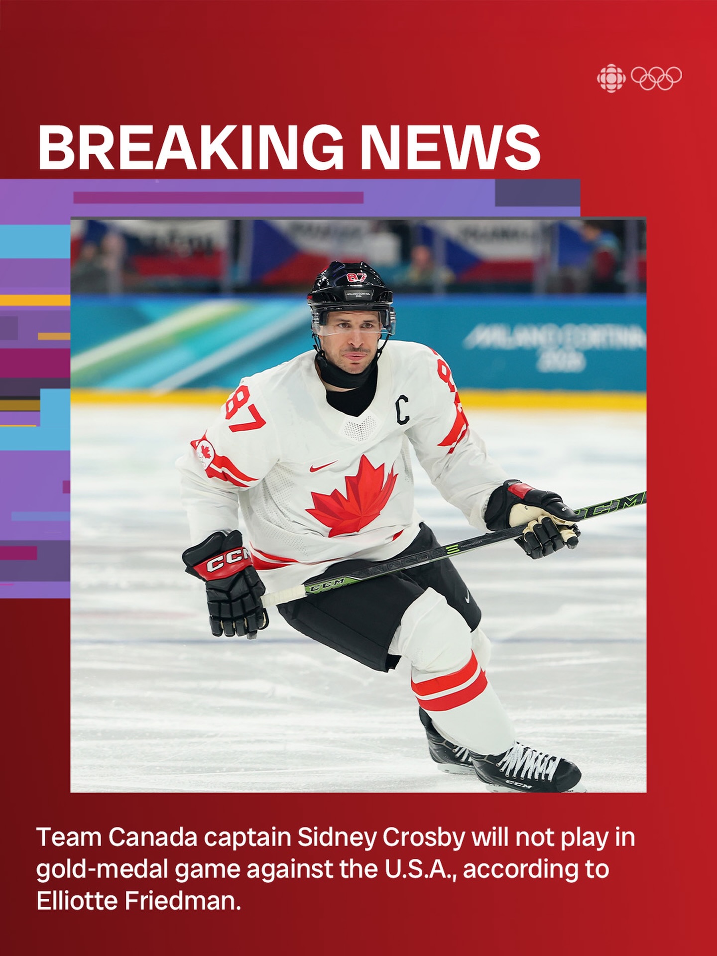 Sidney Crosby will not play in Canada’s gold-medal game against the U.S.A.