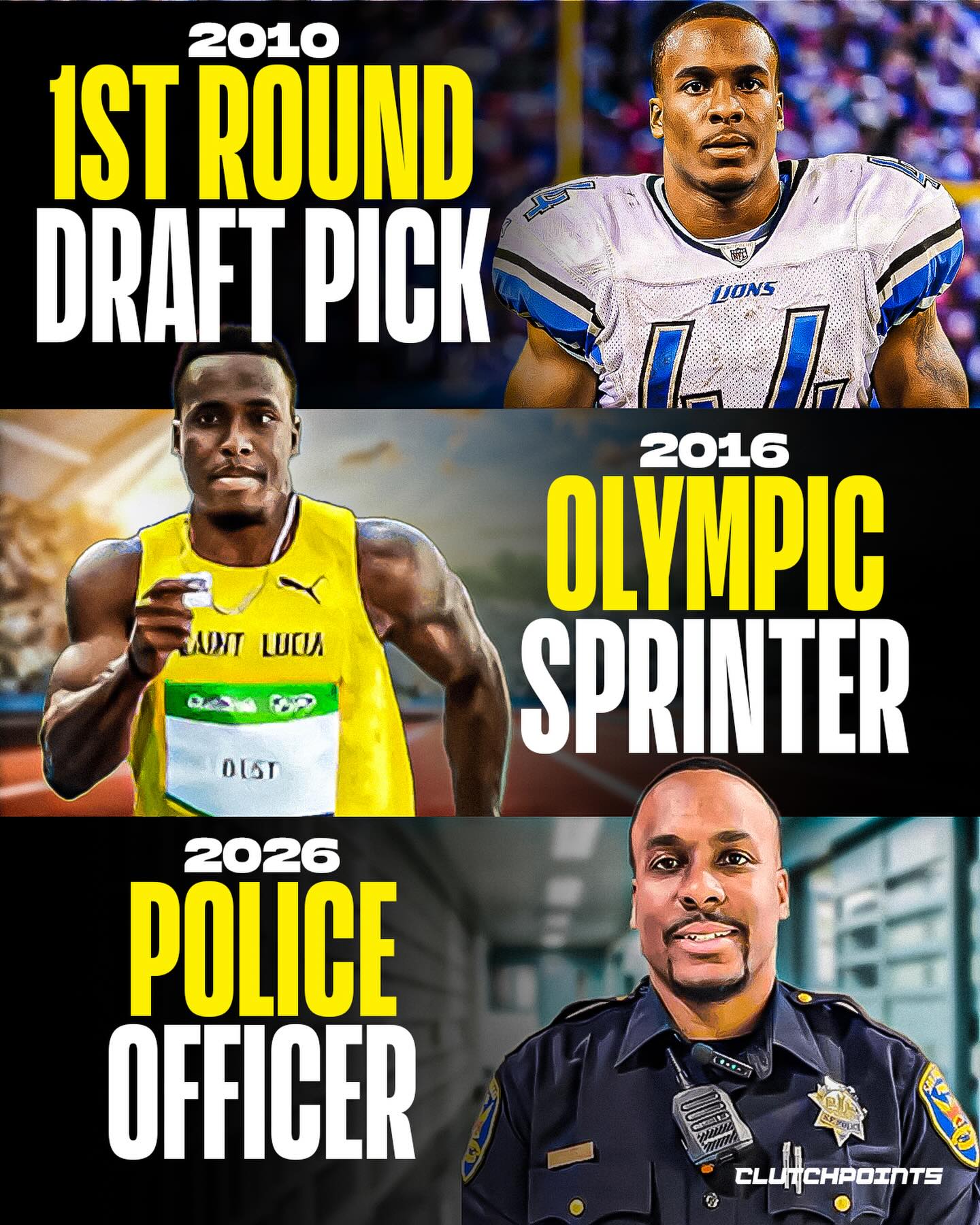 Jahvid Best’s career arc is crazy...

...from NFL 1st rounder to the Olympics to working in law enforcement.

In college, Best was Cal’s star RB known for pure speed, once even rushing for 311 yards in a game - a school record that still stands. 

In 2010, he was drafted in the 1st round by the Detroit Lions. But his promising NFL career was cut short by concussions.

He then turned to track. 

In 2016, he represented Saint Lucia in the Rio Olympics. He did the 100-meter dash, and raced against Usain Bolt in a quarterfinal heat (losing to Bolt by 0.32 sec). 

Best became the first former NFL player to compete in the Summer Olympics.

He also dabbled in coaching.

In 2014, Best joined the Cal coaching staff. More recently, he coached high school football in the Bay Area - where he grew up.

And that was the last the public might have heard of Jahvid Best...

That is... until Feb 7, when the San Francisco Police Department released a video on IG.

Best, in full police uniform, introduced himself as a police officer on the SFPD for about 2 years now. 

And we now know that one of the fastest players in the NFL, while he didn’t play long in the league, went on to be an Olympian...

... and now a police officer protecting the streets of San Francisco. 🙌
