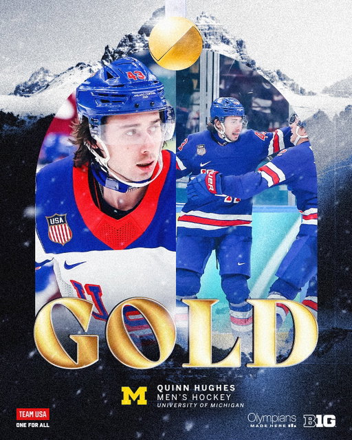 RED, WHITE, AND GO BLUE! 🇺🇸〽️

Congratulations to all of the @umichhockey athletes who brought home gold for the United States today against Canada! 🥇

The first Olympic gold medal for U.S. Men’s Hockey since 1980. History made.

#B1G #OlympiansMadeHere