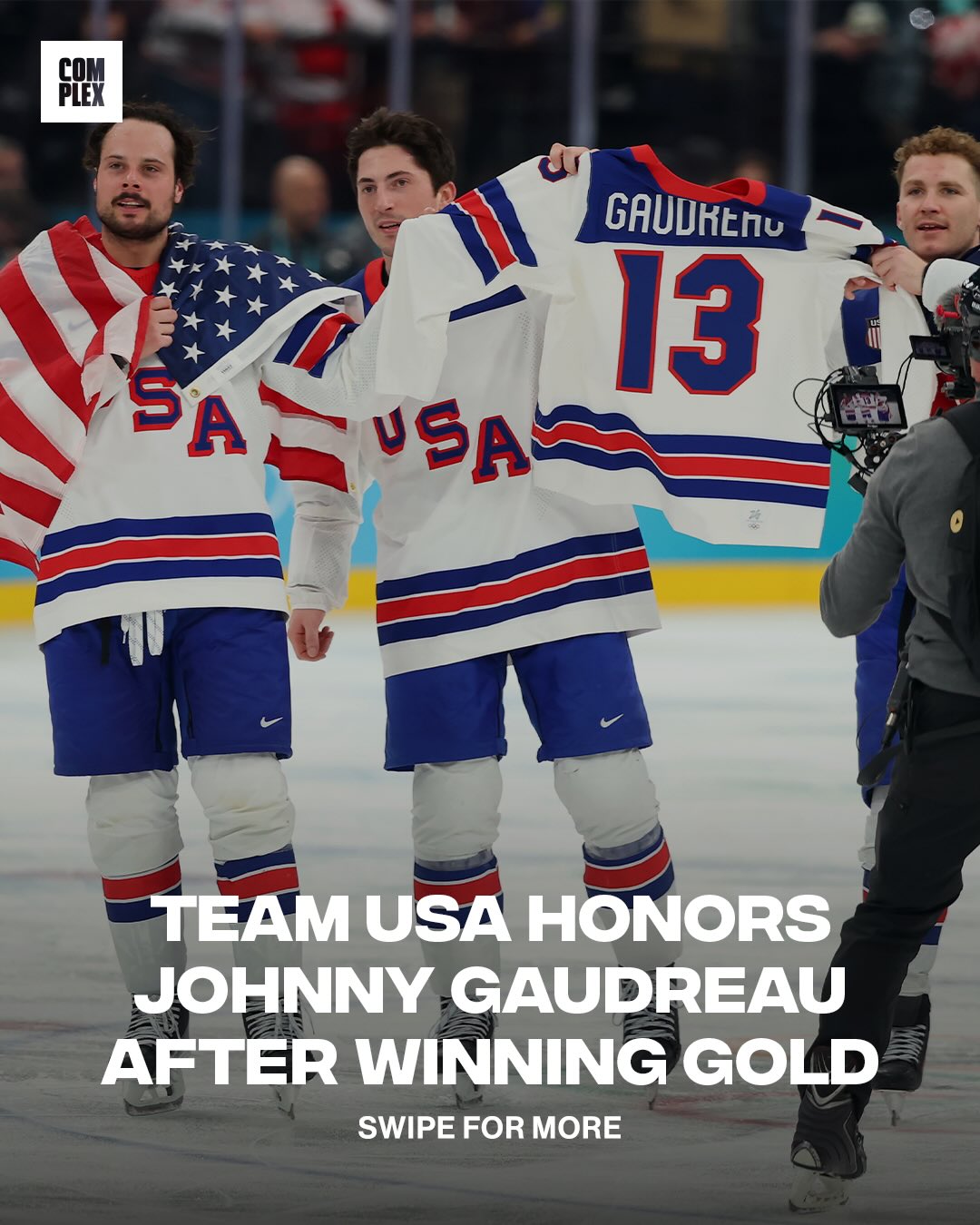 Team USA celebrates their gold medal victory, honoring the late Johnny Gaudreau with his sweater 🙏