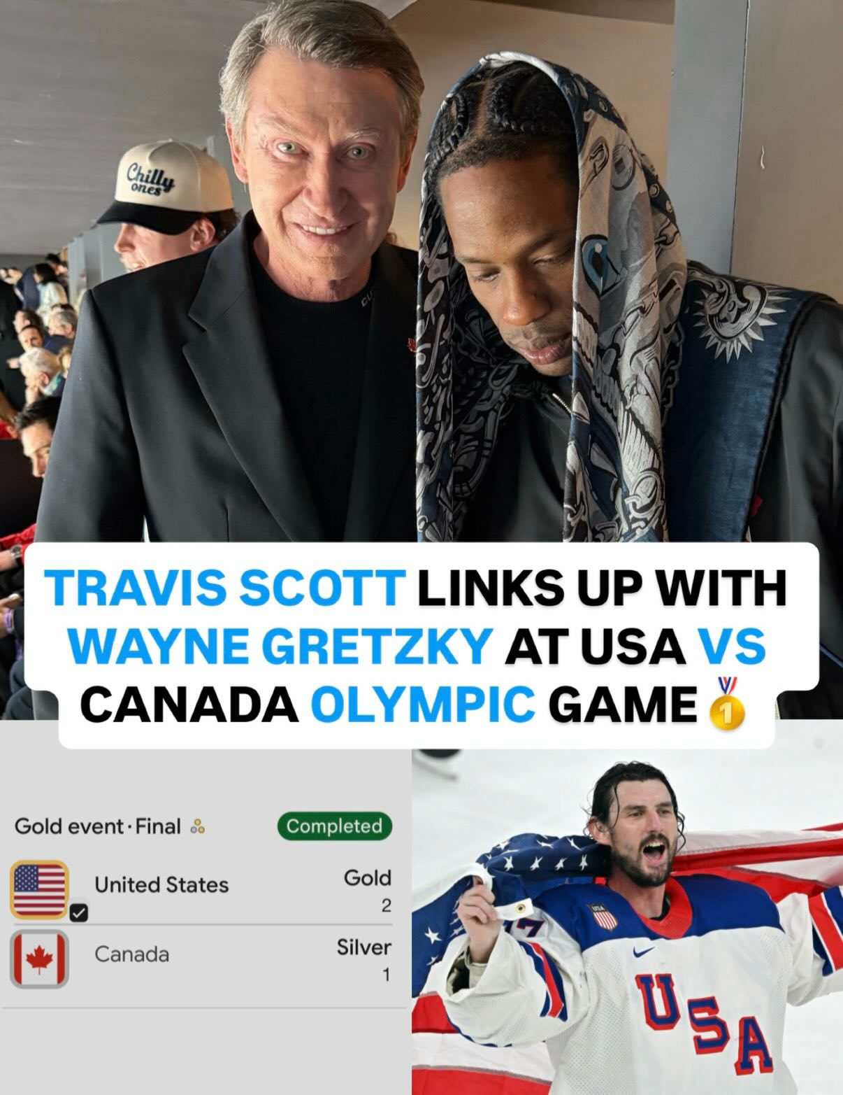 Travis Scott linked up with Canadian hockey legend Wayne Gretzky at today’s Olympic gold medal game 👀🥇

Team USA secured its first men’s Olympic hockey gold since 1980, defeating Canada 2–1 in a historic win 🇺🇸🥇