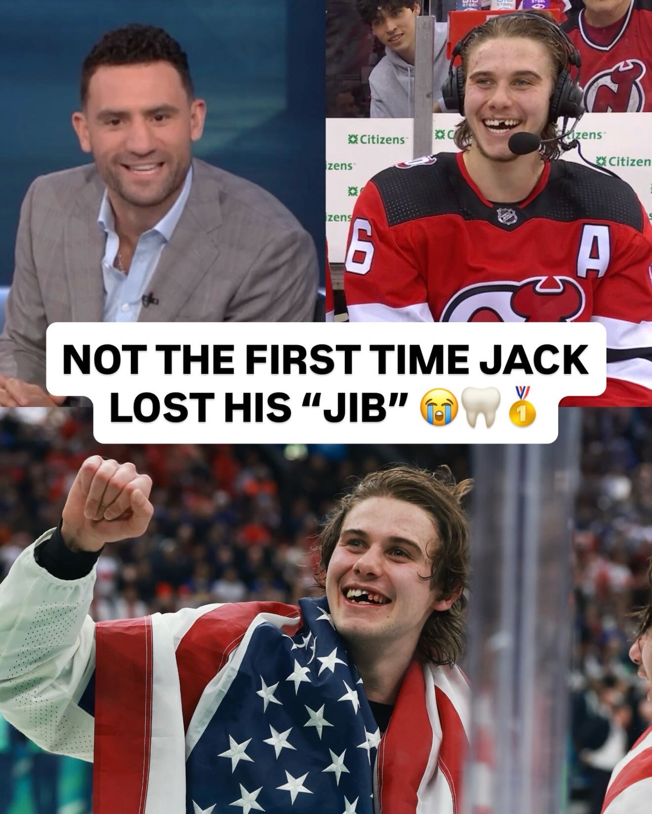 Jack Hughes without his tooth? Nothing he hasn’t been through before 😭🥇🦷 #teamusa #jackhughes #tooth #olympics #hockey