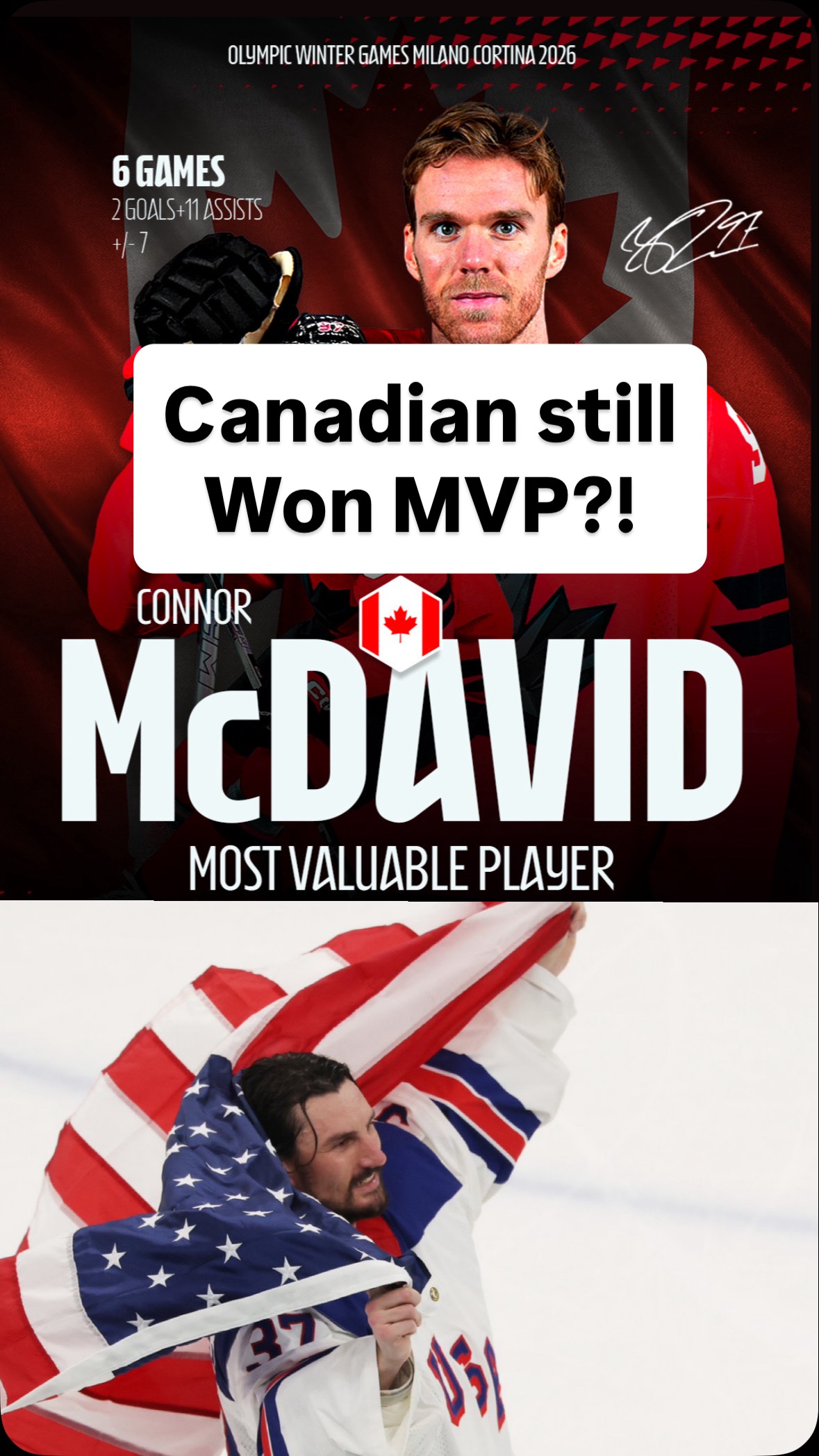 Connor McDavid won Olympics Hockey MVP despite losing the gold to Connor Hellebuyck and the Americans 🤔 #nhl #hockey #winterolympics #teamusa #connorhellebuyck