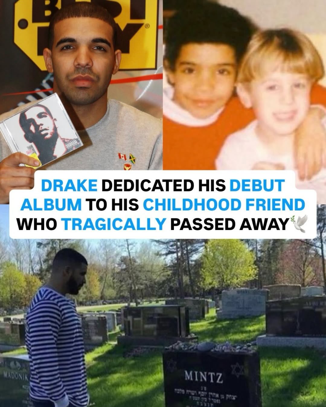 Drake dedicated his debut album ‘Thank Me Later’ to his late childhood friend Cory Mintz 🥺🕊️

Cory was a 20-year-old athlete from Toronto who tragically passed away in a car accident

Rest in Peace Cory Mintz 🙏

Did you know this?