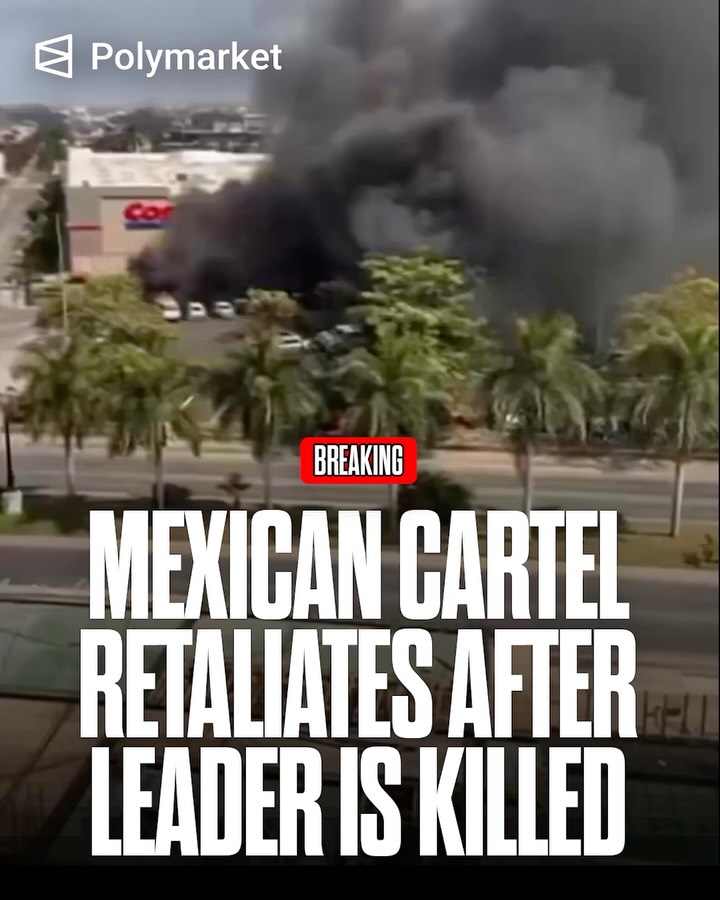 Cartel violence erupts across western Mexico after the reported kil*ing of a top leader of the Jalisco New Generation Cartel.

Fires, roadblocks, and gunfire near major airports including Guadalajara and Puerto Vallarta. Authorities are on high alert as retaliation fears grow and security forces attempt to regain control.

Traders predict a 50% chance U.S. anti-cartel ground operation in Mexico by June 30.