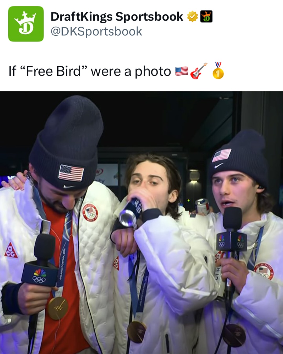 Is there anything more American than cracking a cold one on national TV after bringing home the first men’s hockey gold in 46 years? 🇺🇸🥇🍻

Free Bird playing. Medals on. Vibes immaculate.