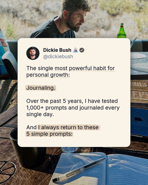 The single most powerful habit for personal growth:

Journaling.

Over the past 5 years, I have tested 1,000+ prompts and journaled every single day.

And I always return to these 5 simple prompts:

For my prompts, I use:

• The 80/20 Audit
• The Morning Kickstart
• The Evening Shutdown
• The Bottleneck Analysis
• The Compounding Projection

For notebook & pen, I use:

• Muji 0.5 pens
• Leuchtturm1917 soft-covers

These are the 5 prompts I come back to time and time again.

• The 80/20 Audit
• The Morning Kickstart
• The Evening Shutdown
• The Bottleneck Analysis
• The Compounding Projection

And they always leave me with a feeling of elite clarity.

Thanks for reading!

If you enjoyed this, then follow me for more posts on digital writing and digital businesses.