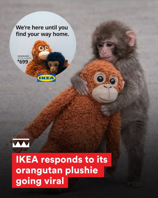 When Japan gave IKEA’s orangutan plush to an abandoned, lonely monkey, “Punch,” the internet went wild 🙉

Many were moved by the sweetness of how the toy provided Punch comfort, sharing pictures online.

IKEA, the supplier, spared no time in responding, making sure they quickly jumped in to amplify the moment while the brand was being spotlighted.

This was a global effort among all IKEA social teams.

Viral response posts came from IKEA Switzerland, IKEA Spain, IKEA Hong Kong, IKEA Singapore, and IKEA Philippines. All took a heartfelt approach, choosing to use heartwarming copy to amplify the sentiment the world felt about Punch receiving comfort.

Looking back on how the brand responded - Millions of views and clicks later, the brand has shown teams how to hop on a viral moment quickly, globally, and in a relevant way.

#marketing #ikea #meme #punchmonkey