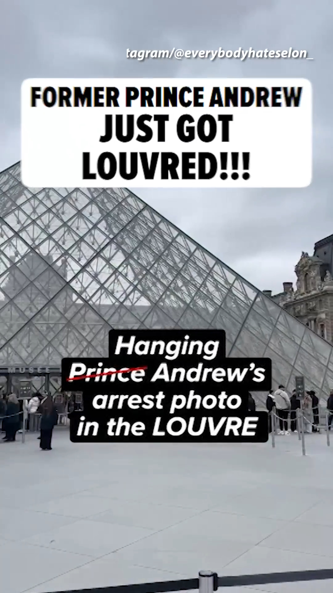 Former Prince Andrew’s portrait made it inside the Louvre but it was actually a prank 😳🎨

A UK activist group hung a framed photo of Andrew looking sweaty in the museum and posted the stunt on TikTok.

🎥: Instagram/everybodyhateselon_