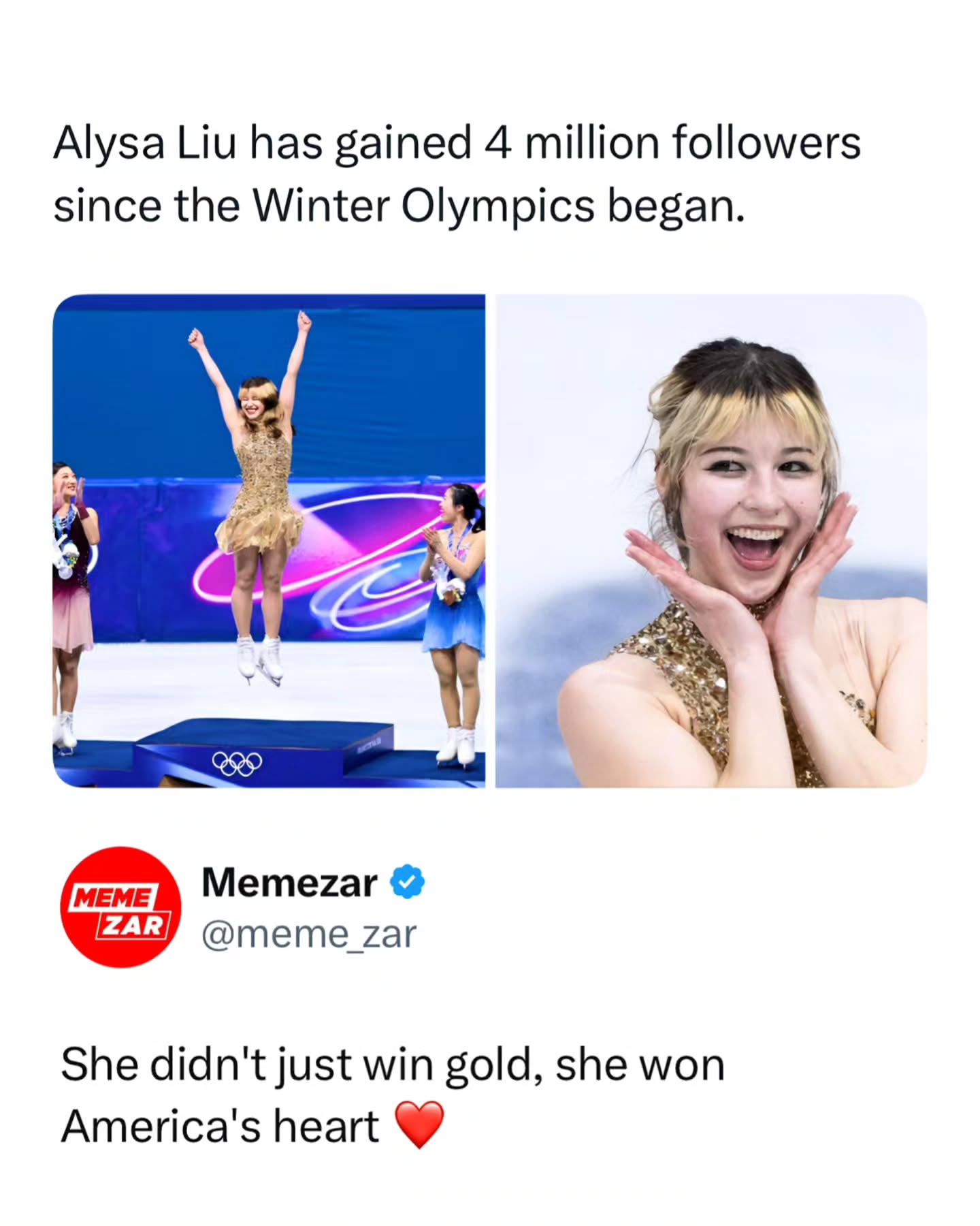 The ice princess ❄️ 

Just three weeks ago, Alysa Liu had around 211K followers on Instagram. Today, she’s crossed 4.4 million and still climbing. The sudden surge shows just how powerful an Olympic moment can be when an athlete captures the world’s attention.

The 20-year-old quickly became one of Team USA’s breakout stars after winning gold in figure skating. Her electrifying performances, emotional celebrations, and genuine personality turned her into a global fan favorite almost overnight, transforming her from a respected competitor into one of the most talked-about athletes of the Games.

Like this content? Follow us for more @Memezar ❤️

#memezar #alysaliu #winterolympics