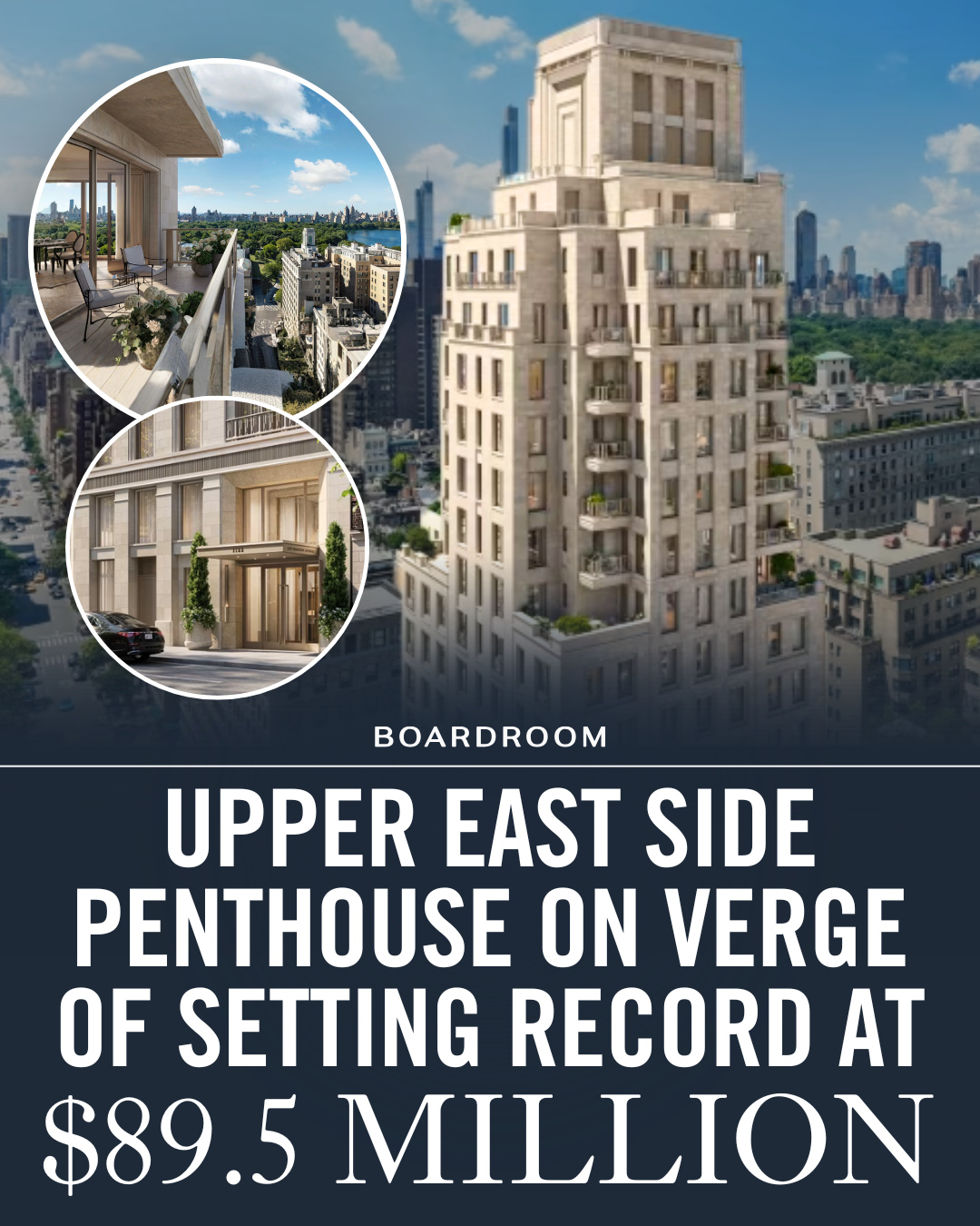 A duplex penthouse at 1122 Madison Avenue is in contract at its full $89.5 million asking price, making it the most expensive residential deal signed in New York City so far this year. If it closes at that number, it would set a new condo price record for the Upper East Side.⁠
⁠
Developed by Legion Investment Group and Nahla Capital, the Studio Sofield–designed tower sits one block from Central Park.⁠
⁠
The roughly 9,350-square-foot residence features seven bedrooms and nearly 2,000 square feet of outdoor space, including a rooftop terrace with direct park views. Completion is slated for 2027.⁠
⁠
(via @wsj)