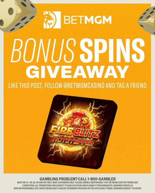 We're giving away 200 Bonus Spins for 7s Fire Blitz Hotstepper to 5 lucky winners! 

Here's how to enter:
➕Follow @BetMGMCasino
👍Like this post
🗣️Tag a friend in the comments

Deadline to enter is Wednesday, 2/25 at 11:59pm ET. Open only to players in NJ, PA, MI, and WV. Link to T&Cs in bio. Winners will be selected at random and contacted via DM on Monday, 3/2. Good luck! 🍀

#giveaway #casinofun #slots #casino #casinoonline #bonus