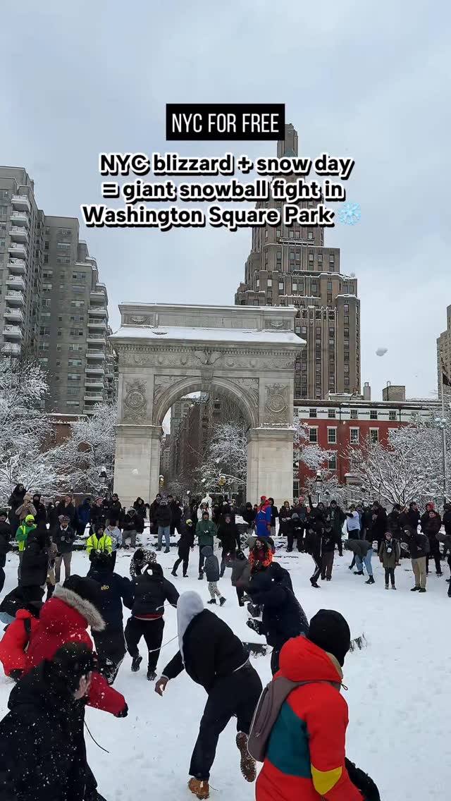 NYC blizzard + snow day = giant snowball fight in Washington Square Park ❄️ 

February 23, 2026

Hosted by @sidetalknyc 

#nycforfree #washingtonsquarepark #snowday