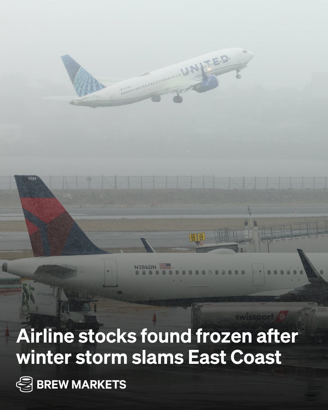 You could say investors left them...out in the cold 😎

A historic winter storm pummeled the east coast today, snarling travel across the country, and leaving airline stocks to bear the brunt of the pain. United led the charge lower, dropping 5.18%, while American lost 4.86%, Alaska tumbled 3.71%, Delta fell 3.67%, and Southwest sank 2.28%. The companies collectively cancelled over 6,000 flights today, or roughly 20% of all scheduled US departures. As the inclement weather tapers off tonight, more cancellations are expected tomorrow.

It’s the latest in a string of bad weather-related luck for the travel sector, which was already hit hard by a winter storm last month that saw approximately 15,000 flights cancelled across three days. As airlines did then, they’ll again waive fees for cancellations and changing flights, battering their revenue.

It’s another kick in the shins after many of these companies were forced to cancel flights to and from Puerto Vallarta and Guadalajara, Mexico over the weekend after violence erupted following the killing of a major cartel leader. In that case, too, many airlines reportedly waived change fees—tallying yet more lost revenue.

📸 : Getty