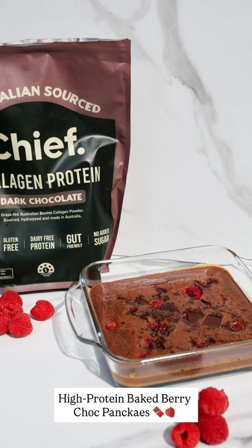 Glowing skin, strong nails, and a high-protein breakfast that feels like a treat using @chief.nutrition

This baked berry choc pancake has 35g protein and is perfect for busy mornings or a healthy dessert.

High-Protein Baked Berry Choc Pancakes

Soft, cosy, and perfect when you want something sweet that still hits your protein goals.

Ingredients
1 egg
50g protein or Greek yoghurt
70ml unsweetened almond milk
4 tablespoons @chief.nutrition dark chocolate collagen protein
35g flour
1 tsp baking powder
12g dark chocolate, chopped
35g frozen berries
 

Method
Mix the egg, yoghurt, and almond milk until smooth.
Add the protein powder, flour, and baking powder and mix until just combined.
Pour the mixture into a small oven-proof dish.
Sprinkle over the frozen berries and dark chocolate.
Bake at 180°C for 15–20 minutes, or until just cooked through.
 

Tip: Check with a knife as it cooks - you want it just set so it stays soft and not dry.

Perfect for a high-protein breakfast or a healthier dessert
 Serves 1

 
Calories: 330 kcal
Protein: 35g
Carbs: 28g
Fats: 10g

**recipe created by @simone_anderson
#highprotein #lowcalorierecipes #highproteinbreakfast #highproteinmeals